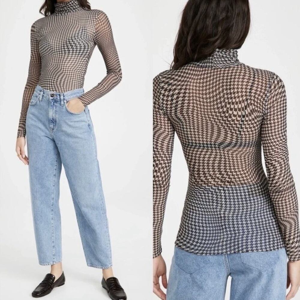 Ganni Houndstooth Mesh Long Sleeve Top Size 34 XS